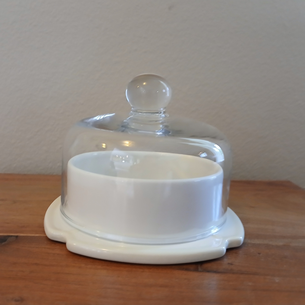 Princess House White Pavillion Cheese Dish 6 1/2” Dip Bowl #1264A W Dome #1264B